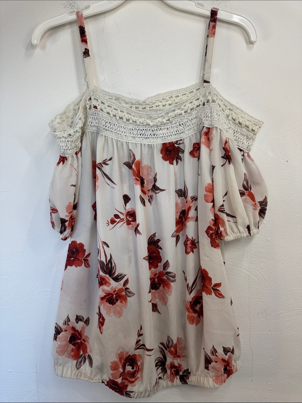 Floral Crochet Cold-Shoulder Women's Top Plus Size Cream/Rust Romantic Feminine